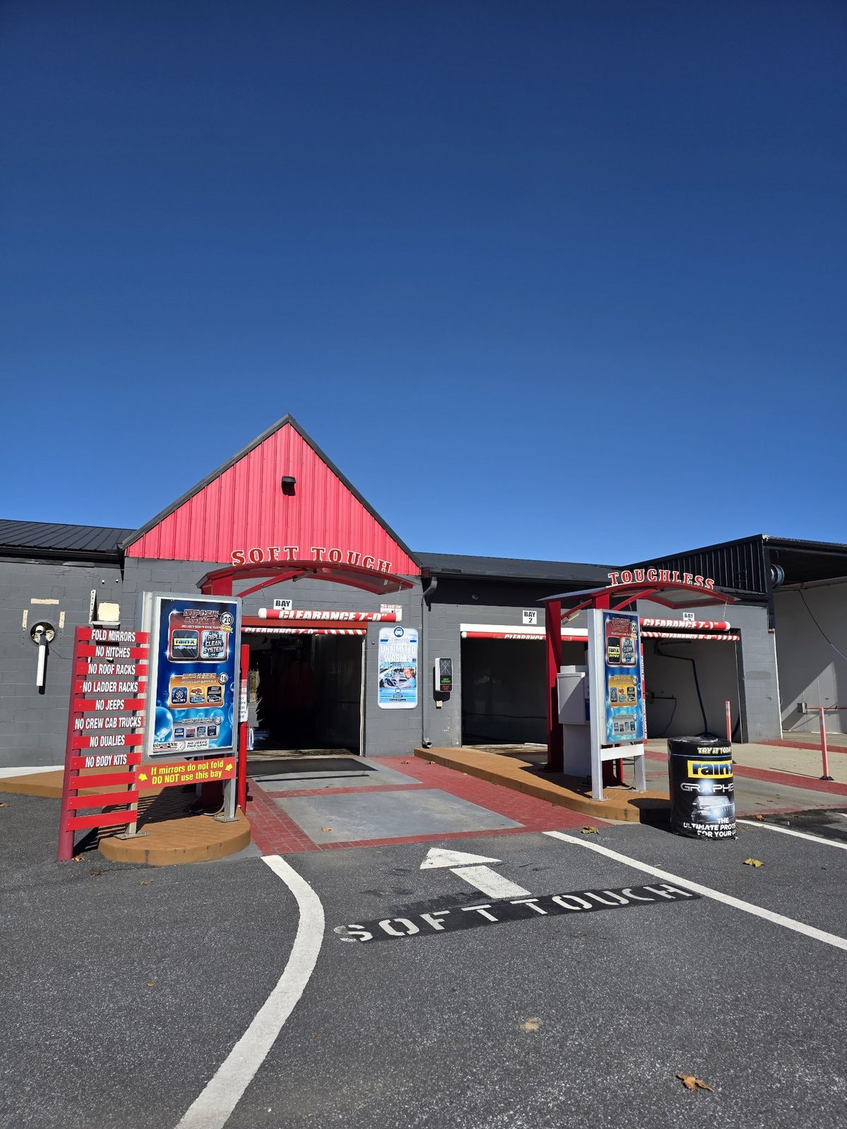 Lanco Wash N Shine in Stevens, PA — the red-gabled building with Soft Touch and Touchless automatic entrances