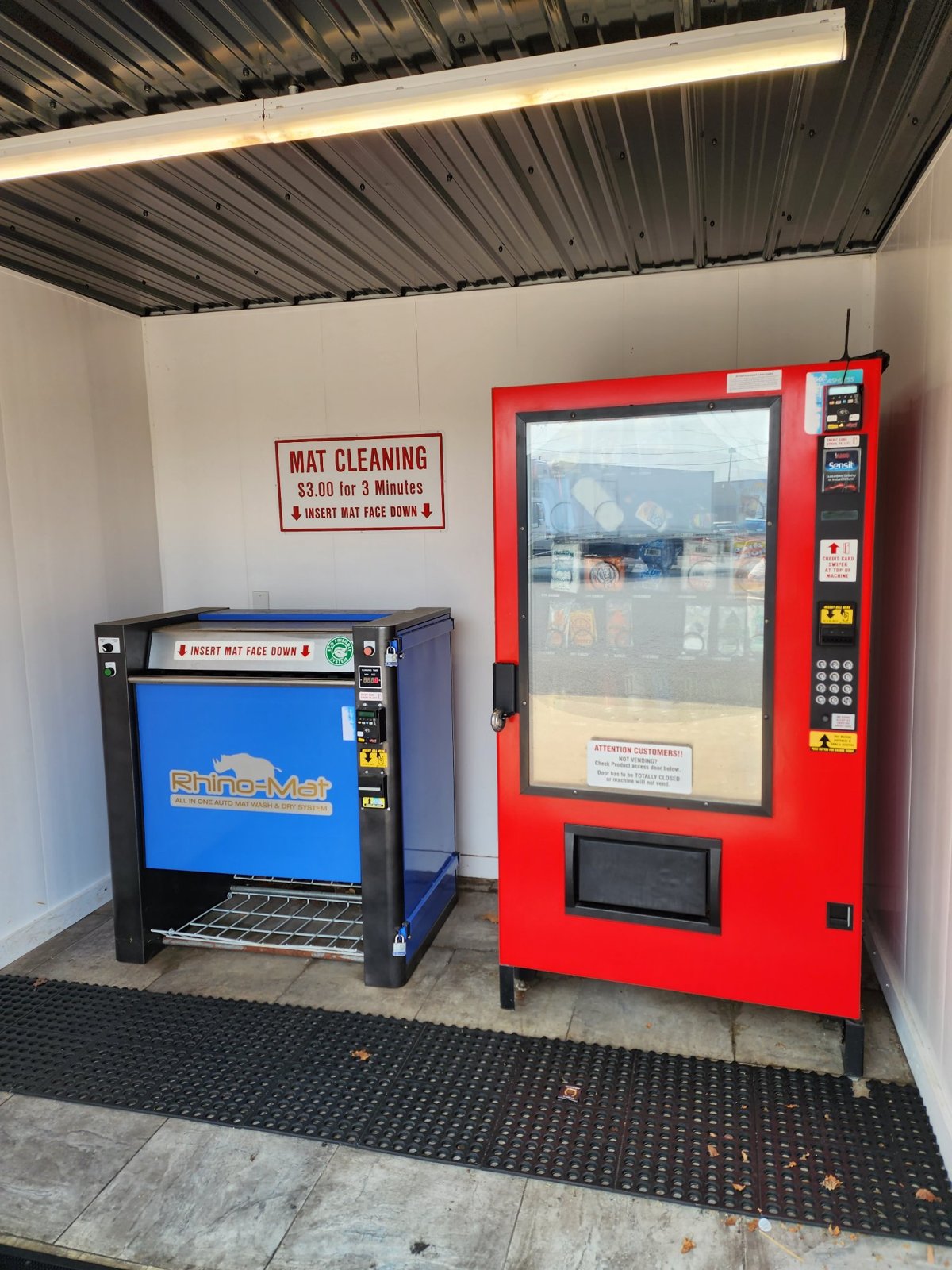 The Rhino-Mat mat cleaning machine and the car-care vending machine at Lanco Wash N Shine
